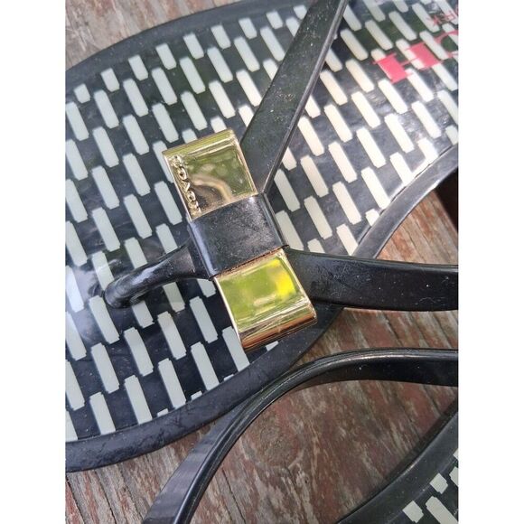 6B Coach Flip Flop Sandals Q6102/A6867 Landon Black & White Gold Bow - Picture 3 of 7